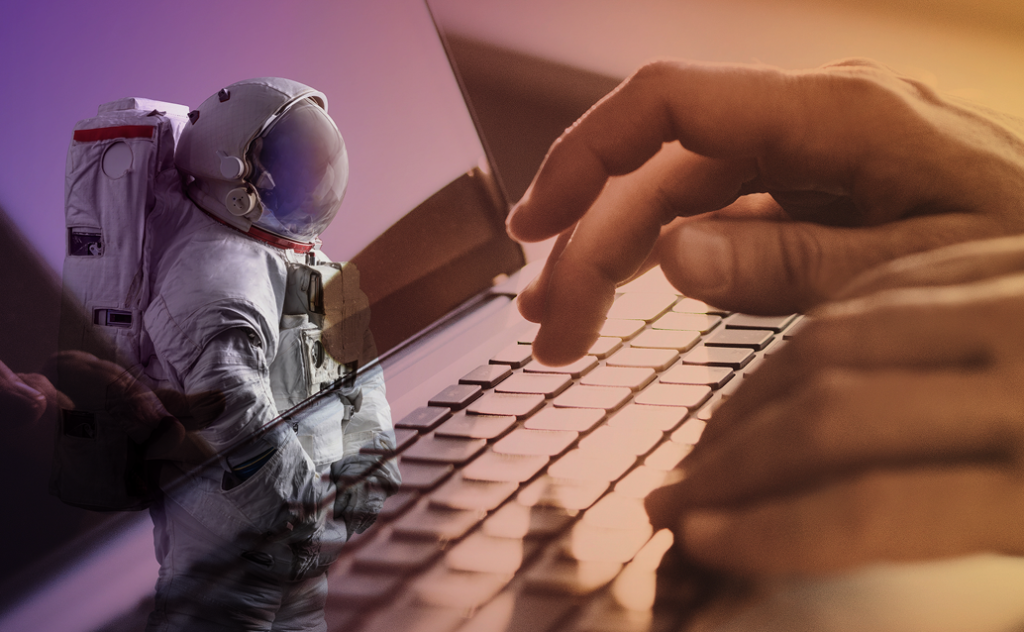 Image of an astronaut overlaid with an image of someone typing on a keyboard