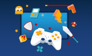 An illustration of items associated with video games coming out of a screen, such as a controller, a sword, an question block, a game boy, a shield and a lightning bolt