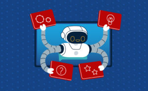 Illustration of a four-armed robot holding signs with icons on them