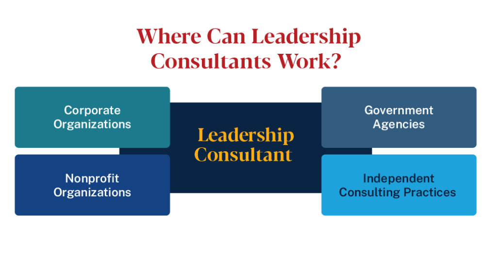 Leadership Consultants can work in corporate organizations, government agencies, non-profits, and consulting practices.