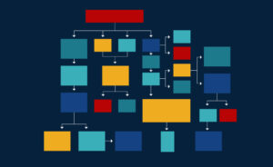 An illustrated and colorful flowchart illustrating the concept of organizational management