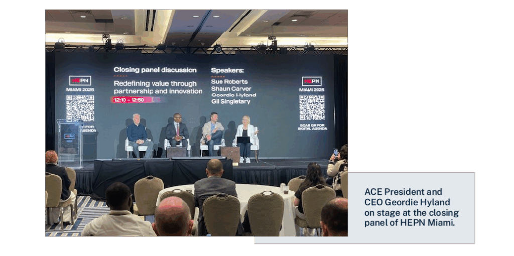 ACE President and CEO Geordie Hyland on stage at the closing panel of HEPN Miami.