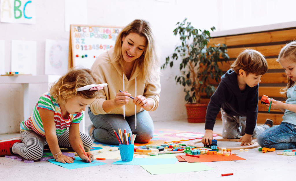 Image of special education teacher helping students