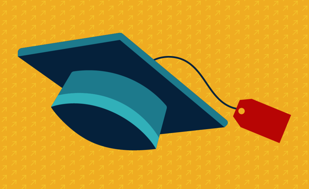 Graduation cap with a tassel and tag on a yellow patterned background
