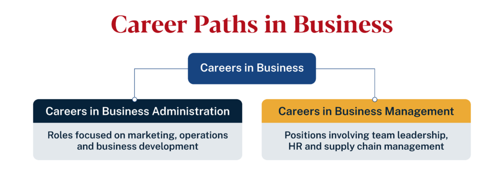 Career paths in business comparing Business Administration roles in marketing, operations and business development with Business Management careers in team leadership, human resources and supply chain management.