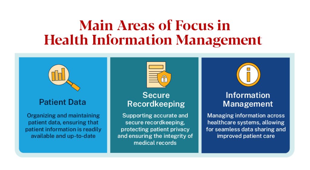 Main areas of focus in health information management: patient data, secure recordkeeping, and information management