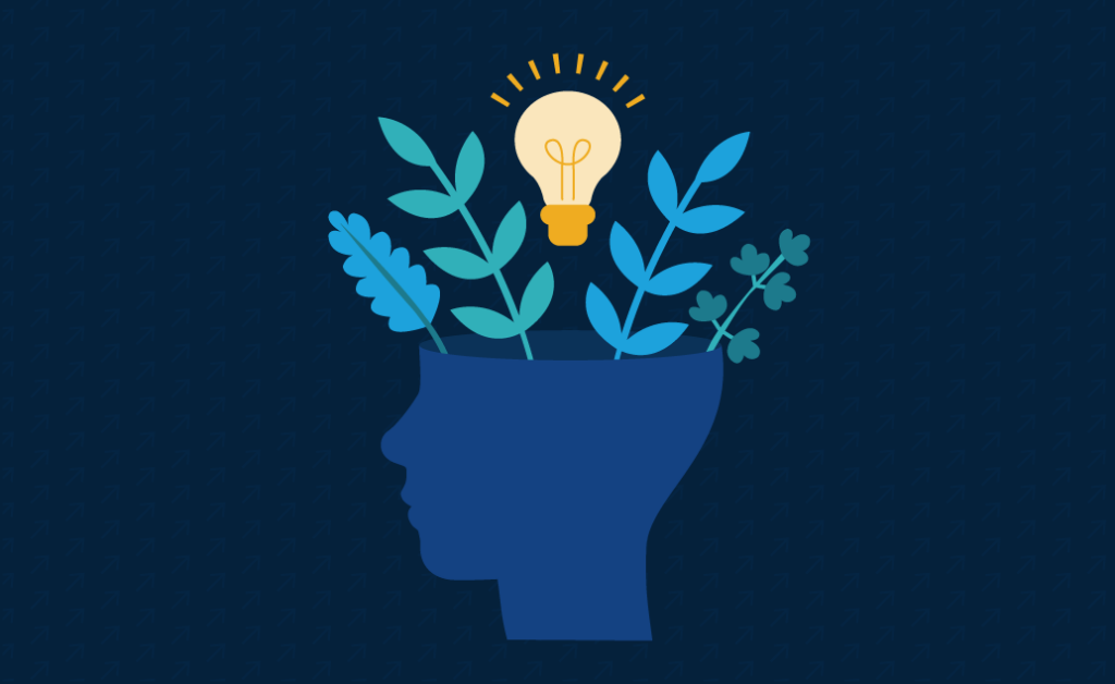 A head silhouette with plants growing from it and a light bulb above, symbolizing ideas or creativity