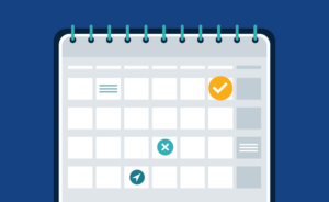 Illustrated calendar icon with color-coded task markers indicating completed, canceled, and scheduled items.
