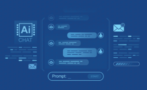 Abstract illustration of an AI chat interface with message bubbles between a user and AI chatbot.