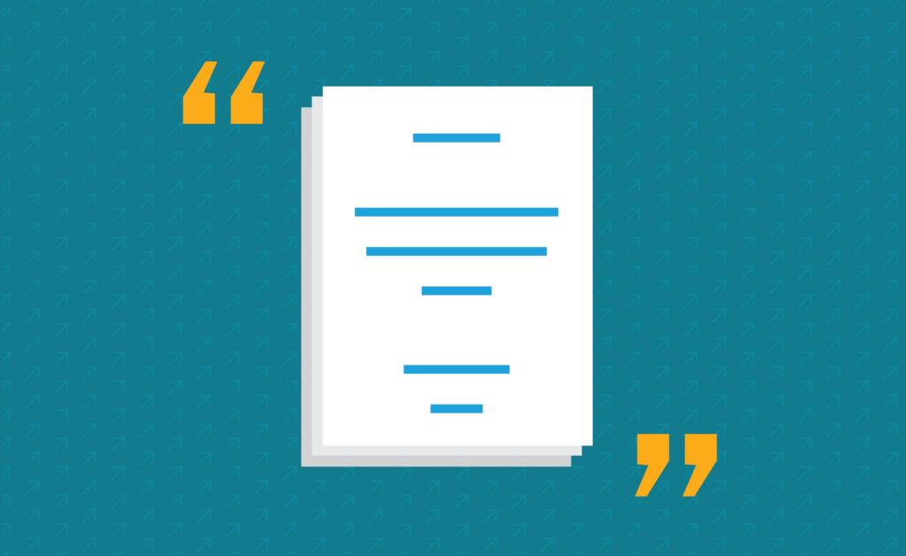 Illustrated document with quotation marks representing citing sources in a research paper.