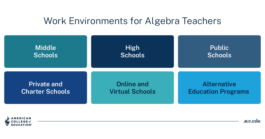 Six work environments for algebra teachers: middle, high, public, private, online, and alternative schools.