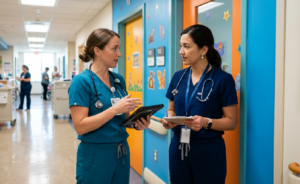 Two nurses in scrubs with stethoscopes confer with a tablet and clipboard in a hospital corridor.